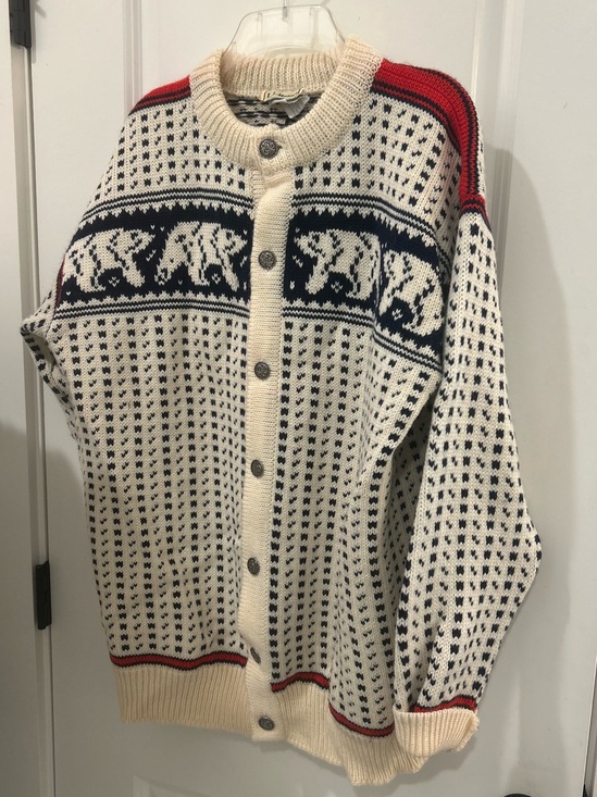 L.L. Bean Other - L.L. Bean Ivory Knit Cardigan with Navy Bear Motif and Red Accents